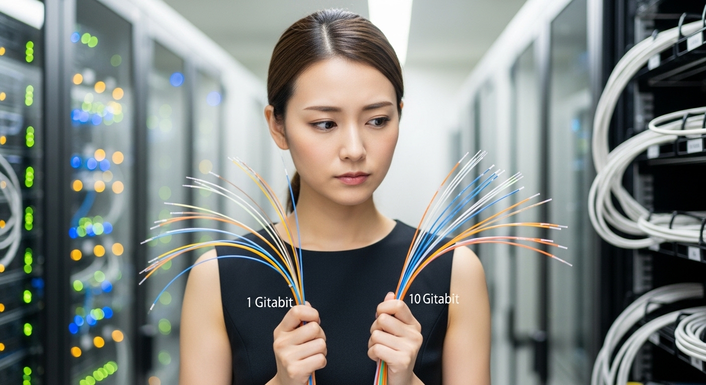 光ファイバーケーブルを手にして悩む女性