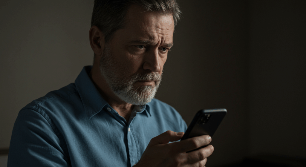 スマホを持って悩む男