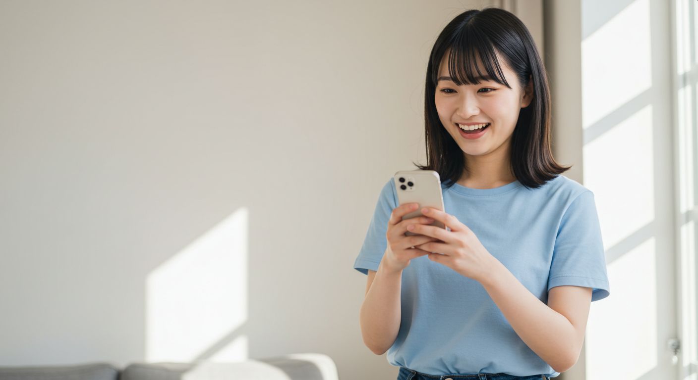 スマホを持って喜ぶ女性