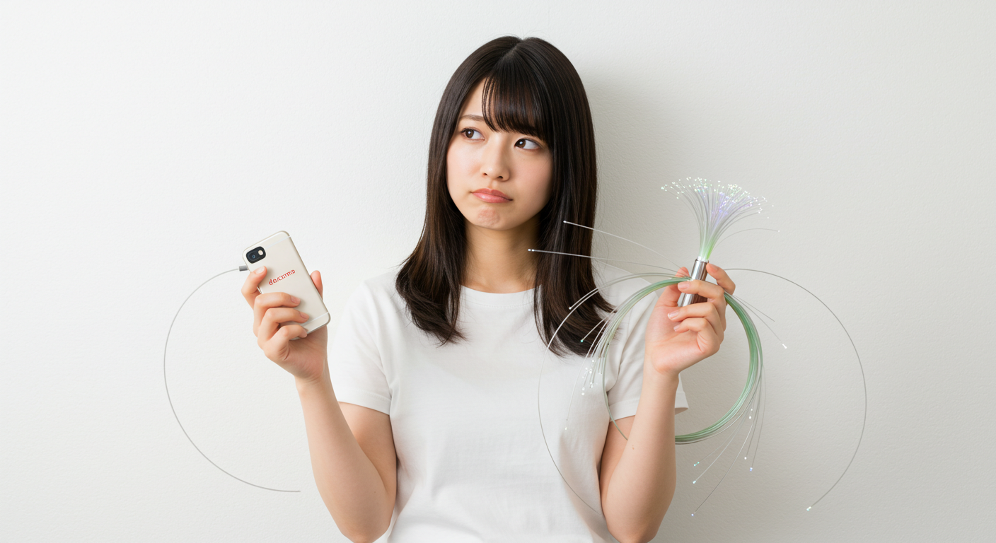 片手に光ファイバーケーブル、片手にスマホを持って考え込む女性