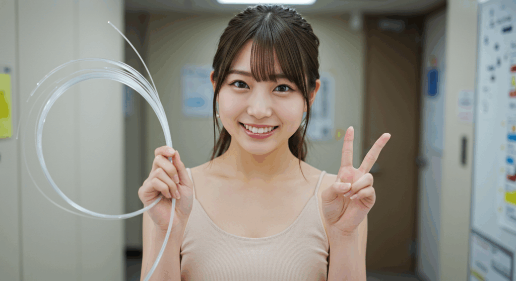 光ファイバーケーブルを持つてBサインを出している若い女性