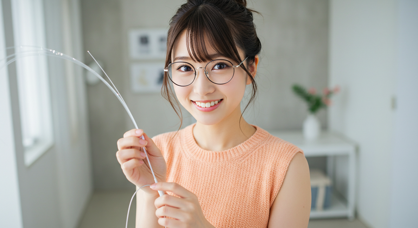 光ファイバーケーブルを持つ若い女性