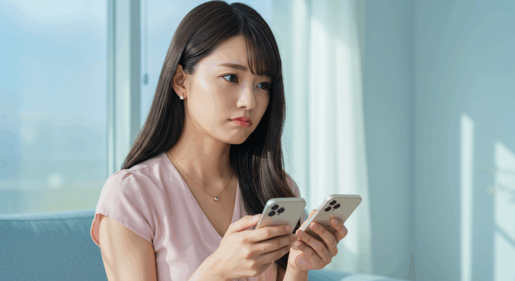 スマホを2台持って悩む女性
