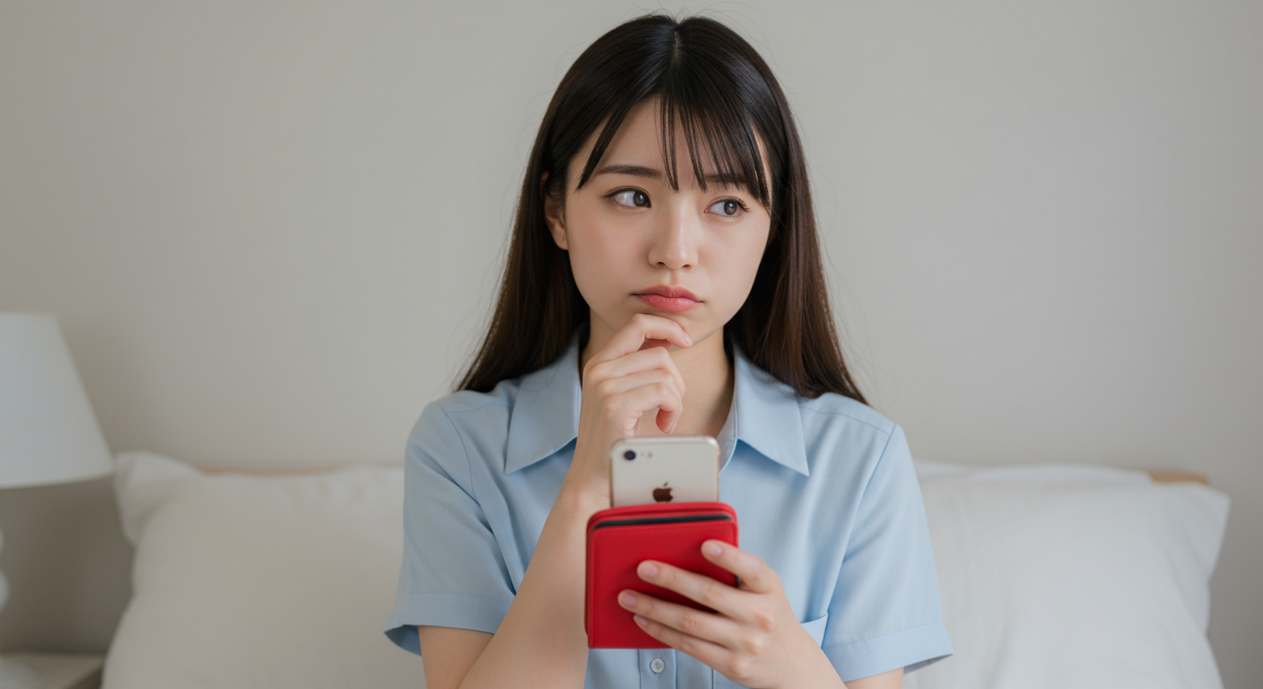 スマホと財布を持って悩む女性