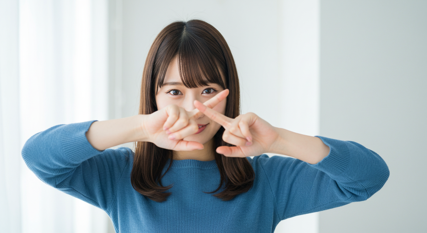 顔の前でバッテンをつくる女性