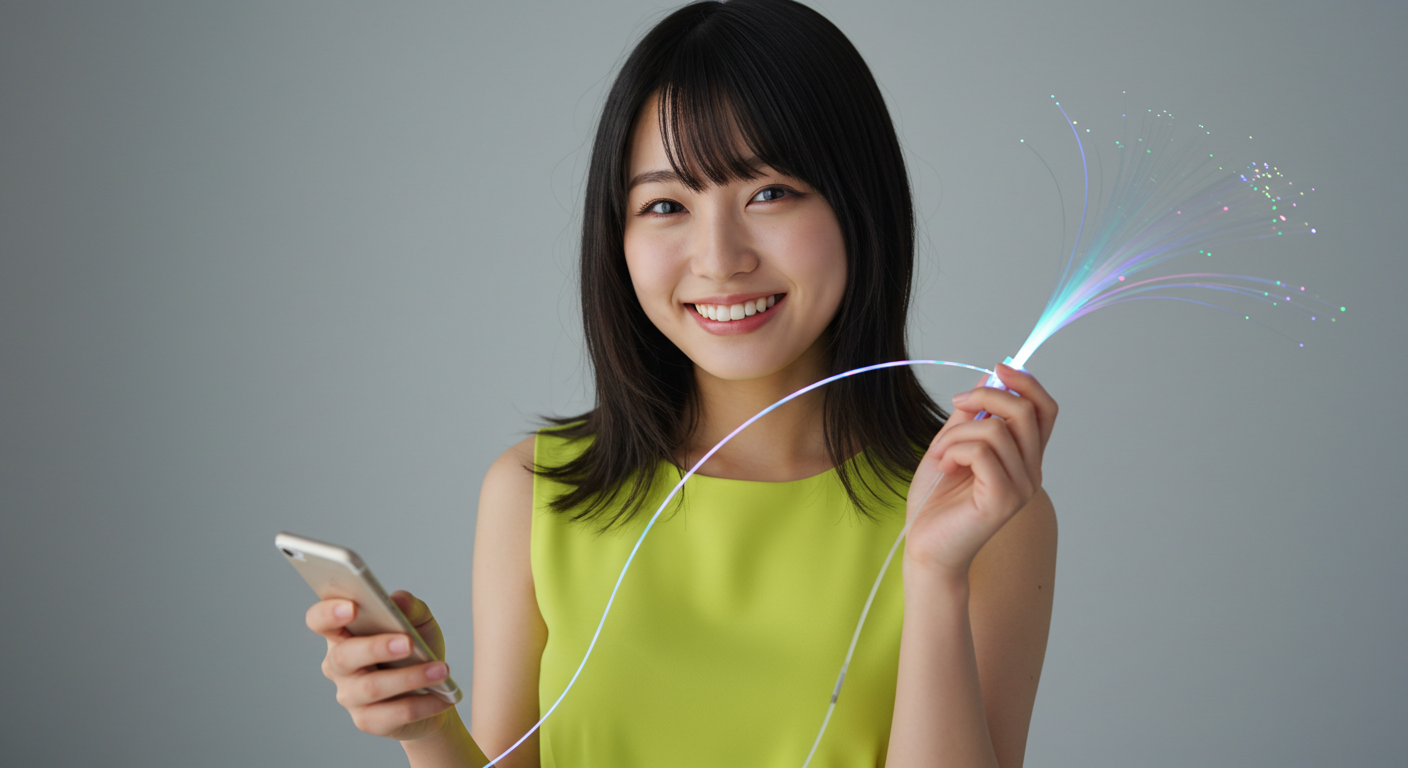 光ファイバーケーブルとスマホを手にしている女性
