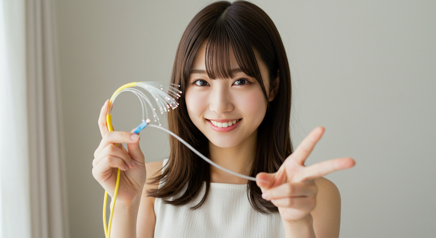 光ファイバーケーブルを手に持ってVサインを出す女性