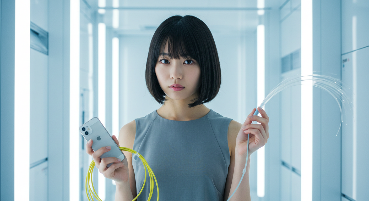 光ファイバーケーブルとスマホを持つ女性