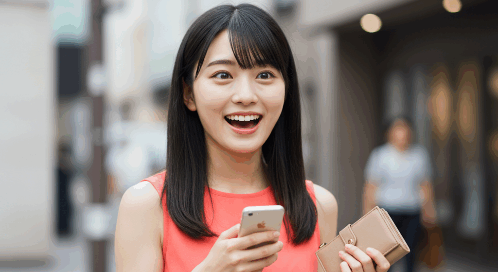 スマホと財布を持って喜ぶ女性
