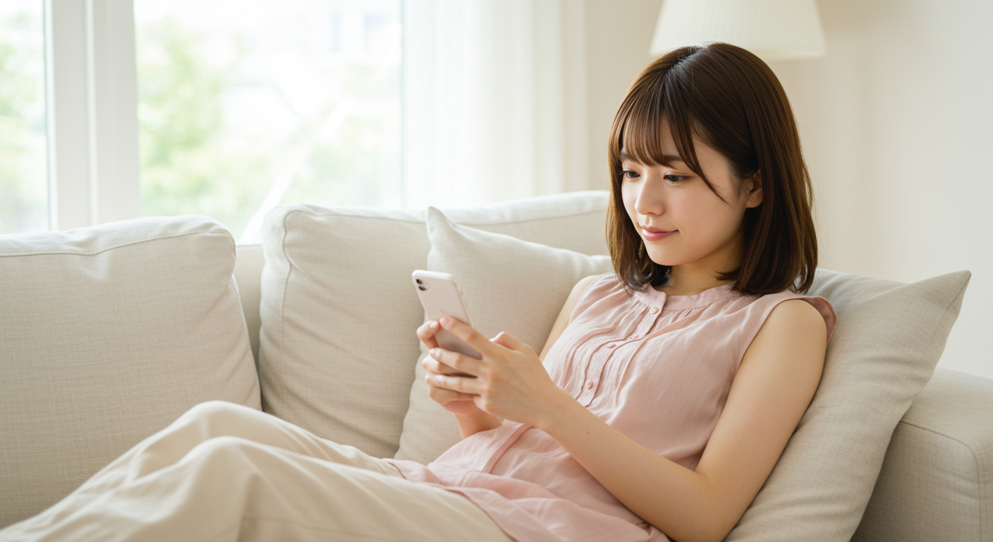 ソファーでスマホを見てくつろぐ女性