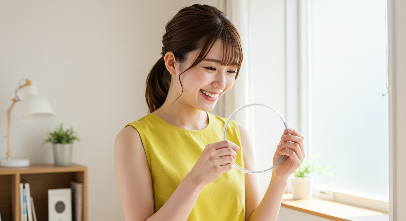 光ファイバーケーブルを持って微笑む女性
