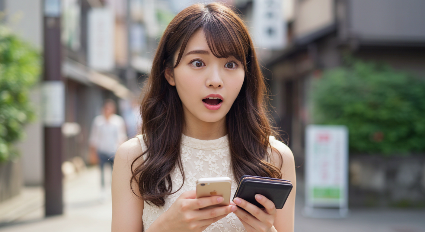 スマホと財布を持って驚く女性