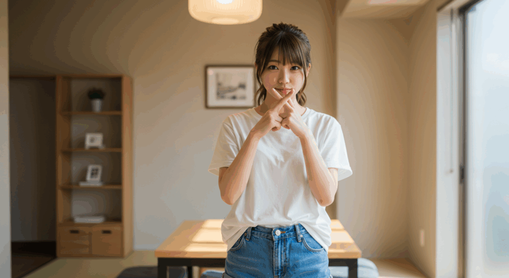 顔の前で×をつくる女性