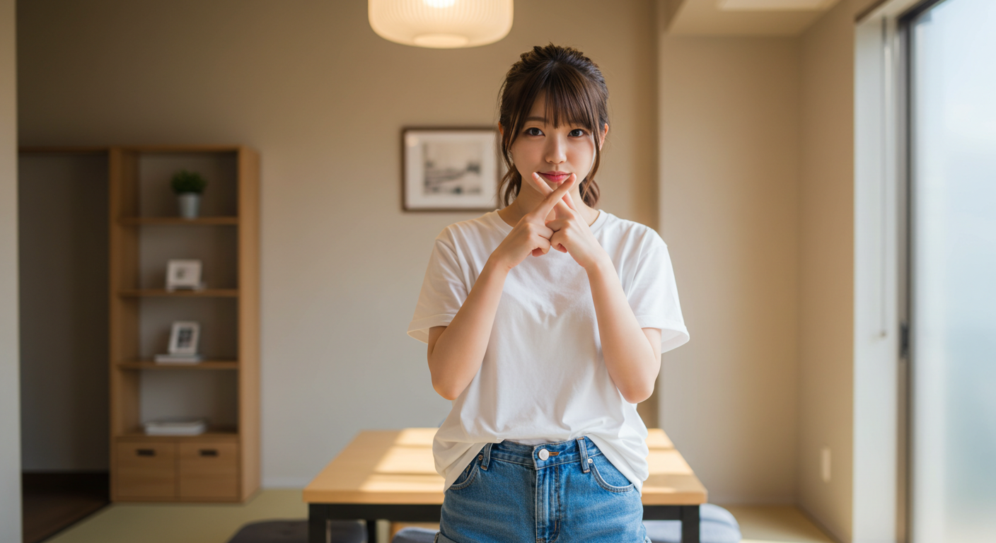 顔の前で×をつくる女性