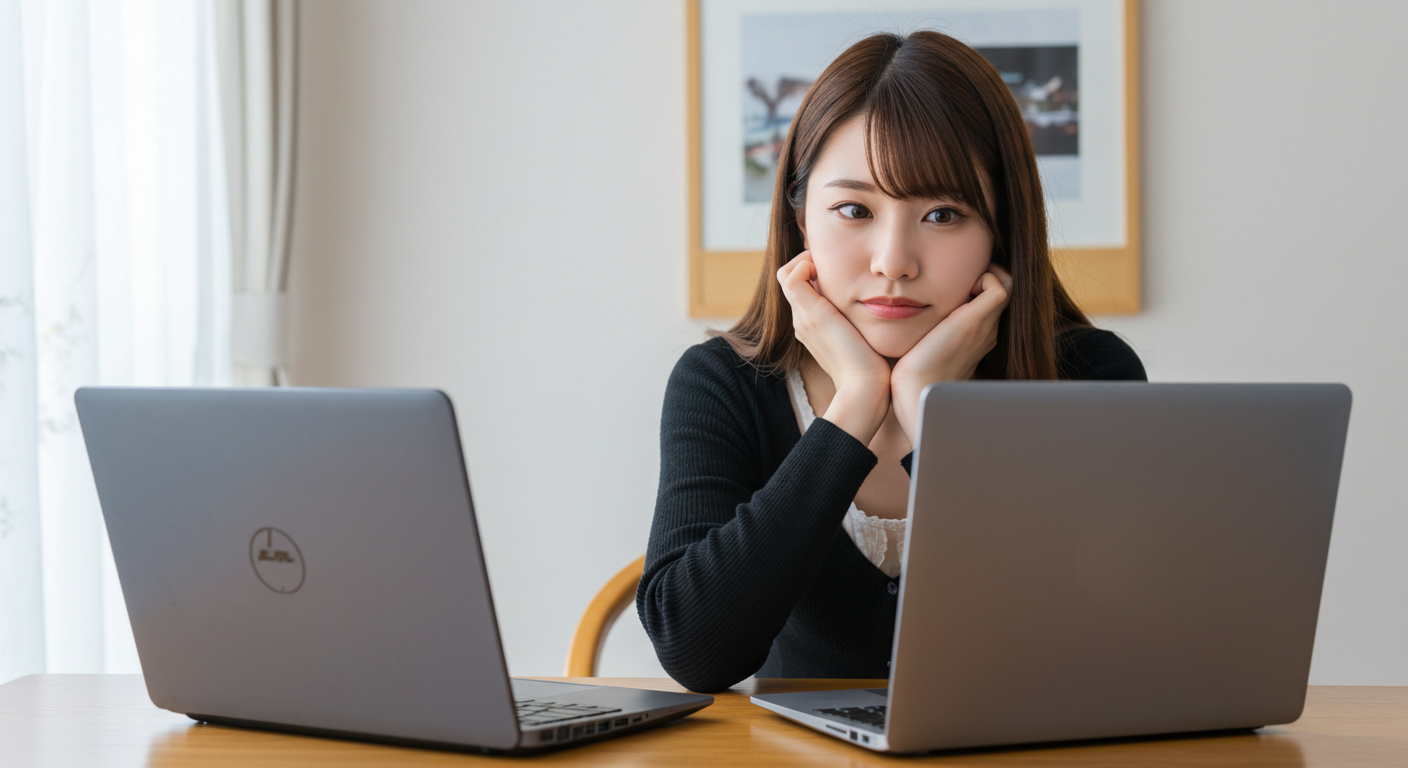 パソコンを2台並べて悩んでいる女性