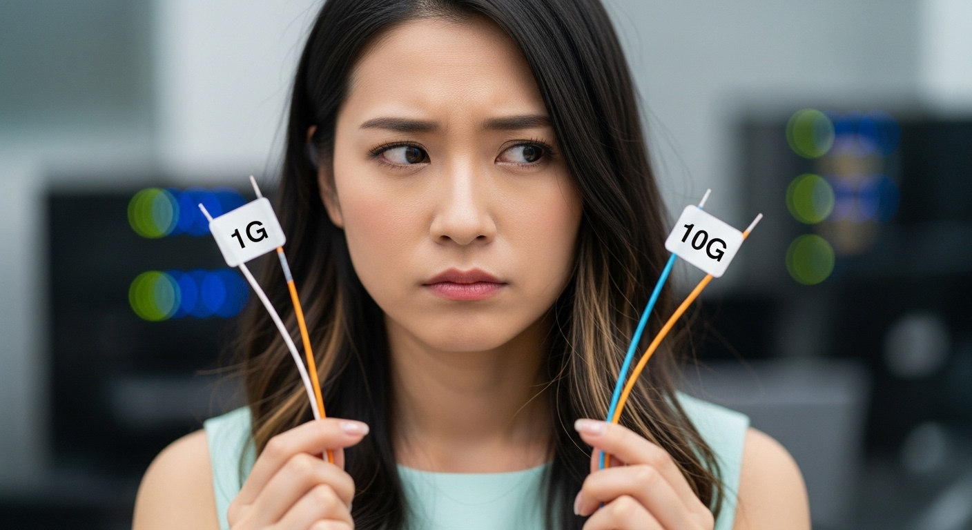 1Gと10Gのケーブルを持って比較している女性