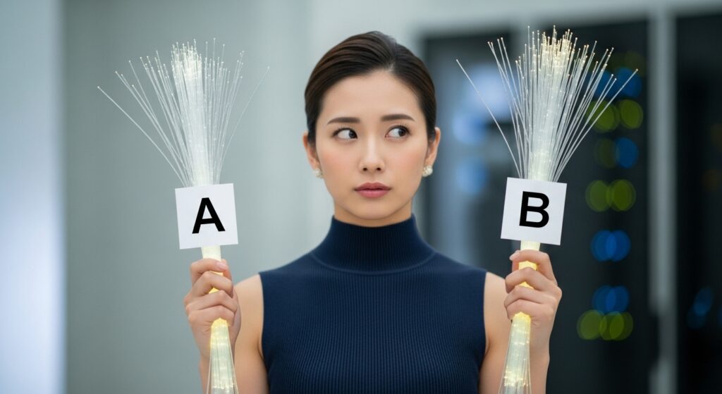 光ファイバーケーブルを両手に持って比較している女性