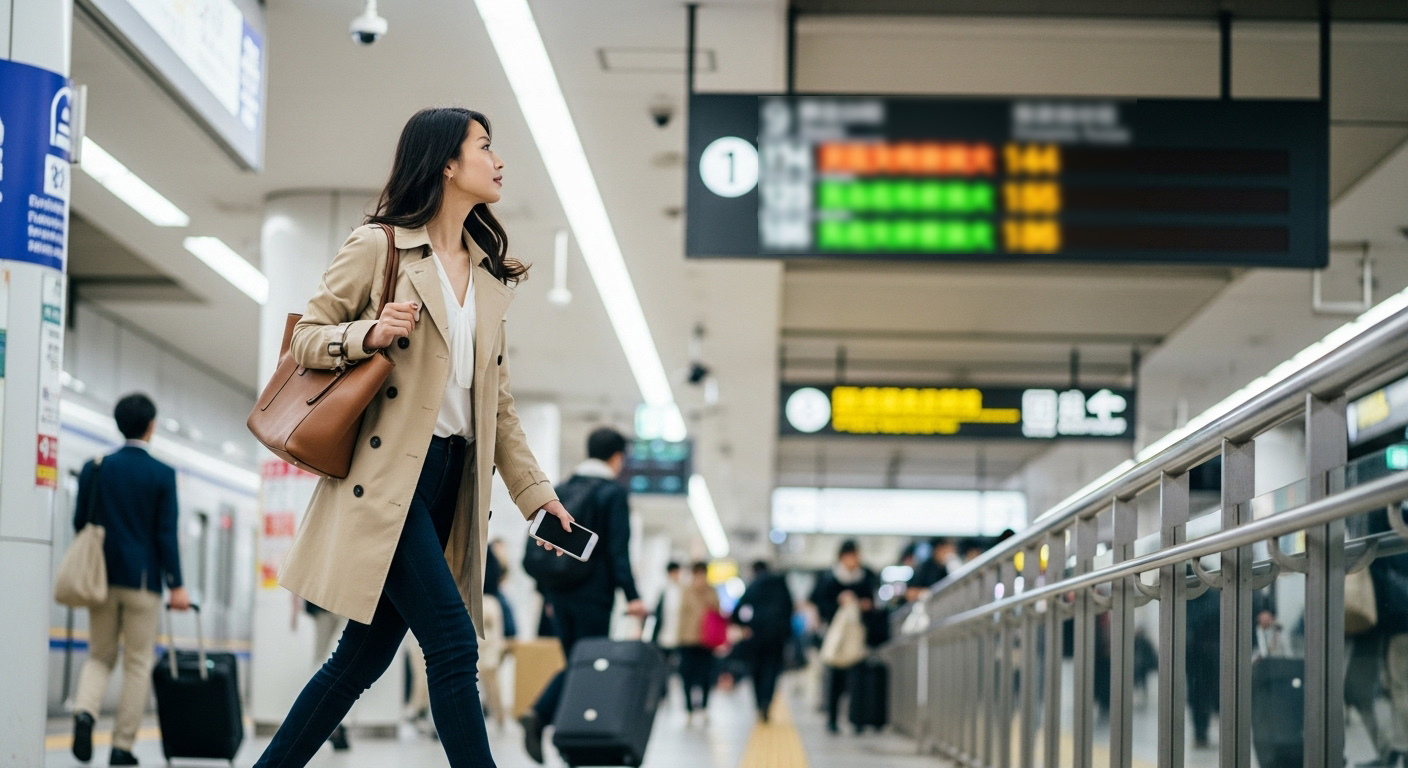 ホームで乗り換える女性