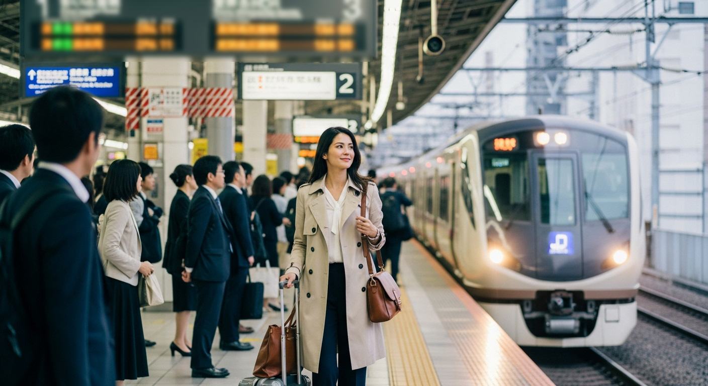 ホームで乗り換える女性