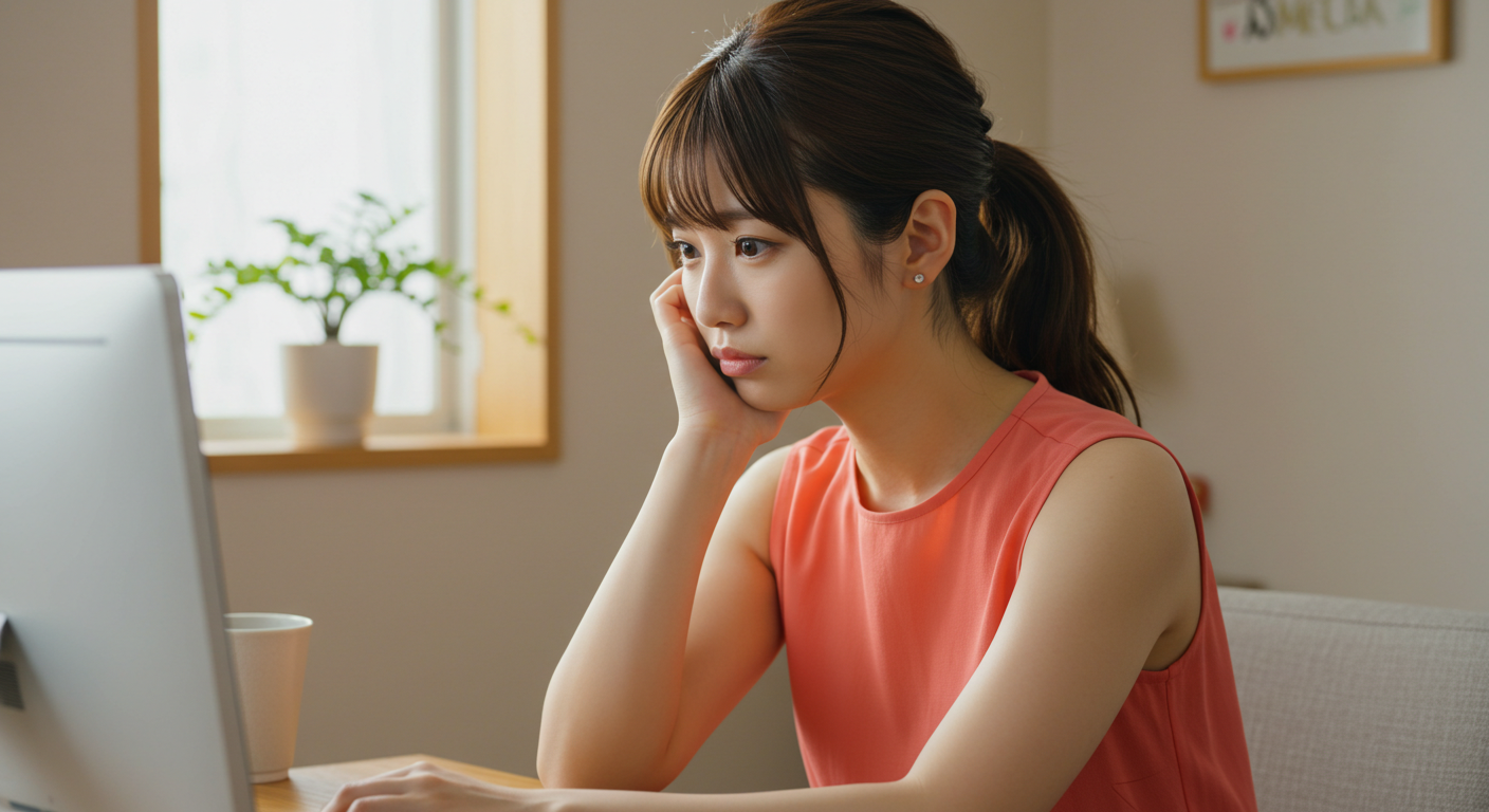 パソコン画面を覗き込む女性