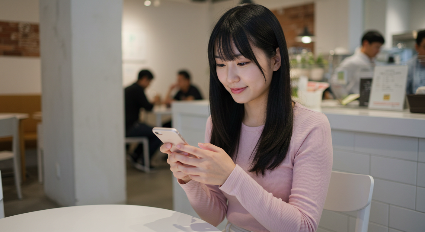 外出先のお店でスマホを見る女性