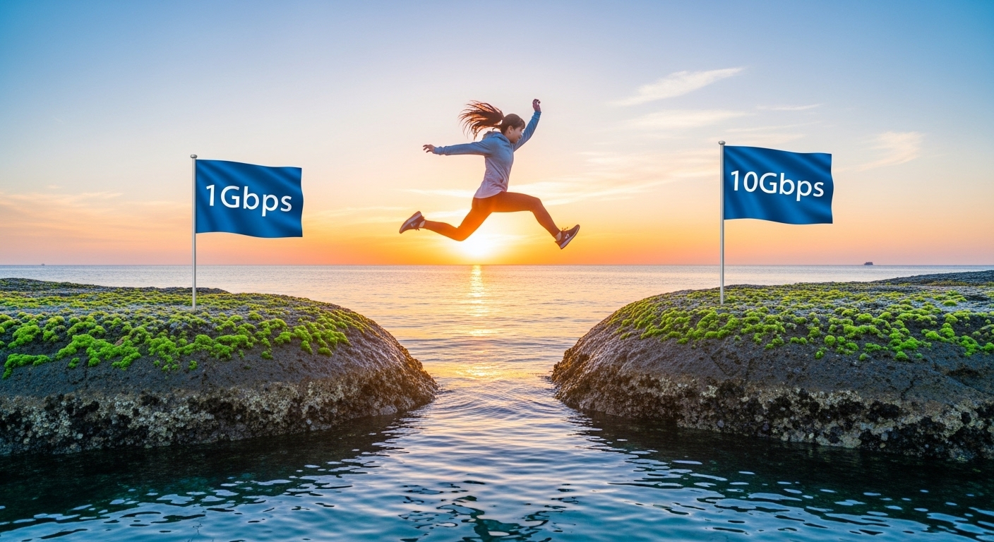 1Gbpsの島から10Gbpsの島に飛び移る女性