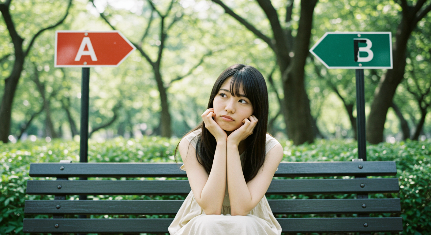 AかBかどちらにしようか悩む女性