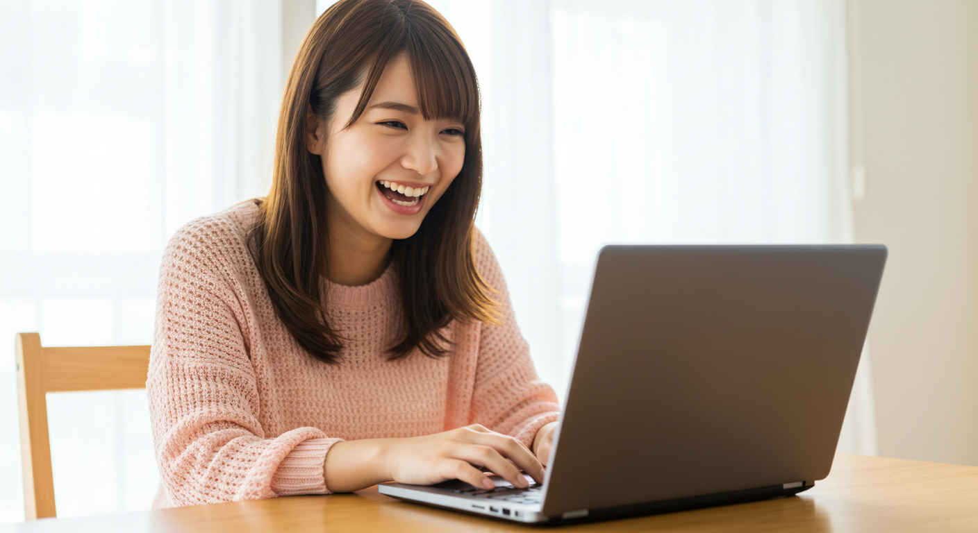 パソコン画面を見て喜ぶ女性