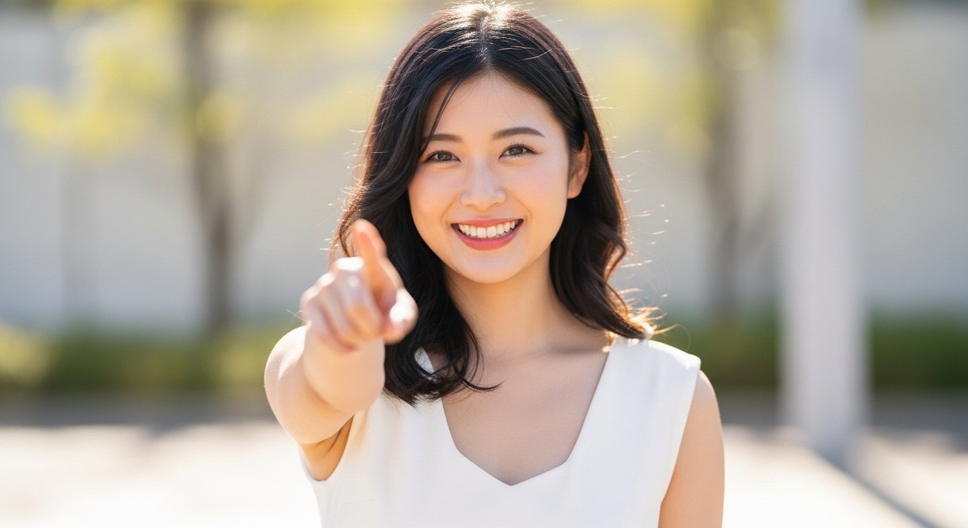 人差し指を上に向けて微笑む女性