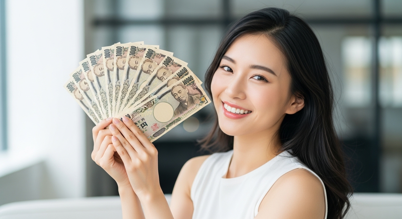 10万円を持って喜ぶ女性