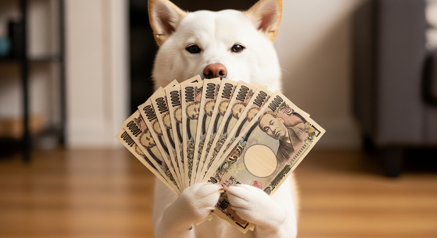 現金を持つ白い犬