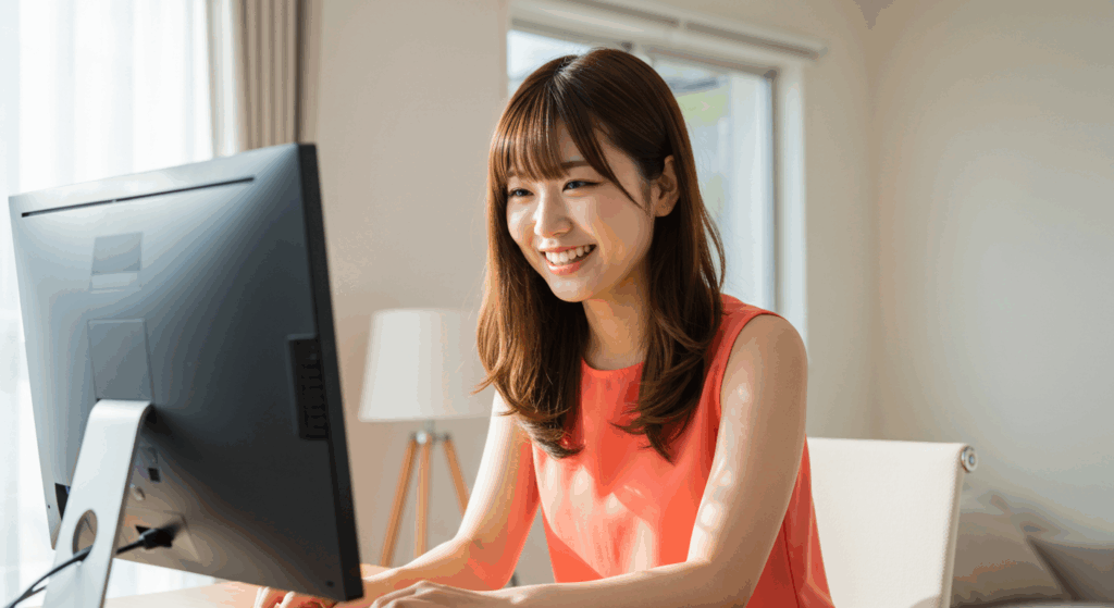パソコンモニターを見て微笑む女性