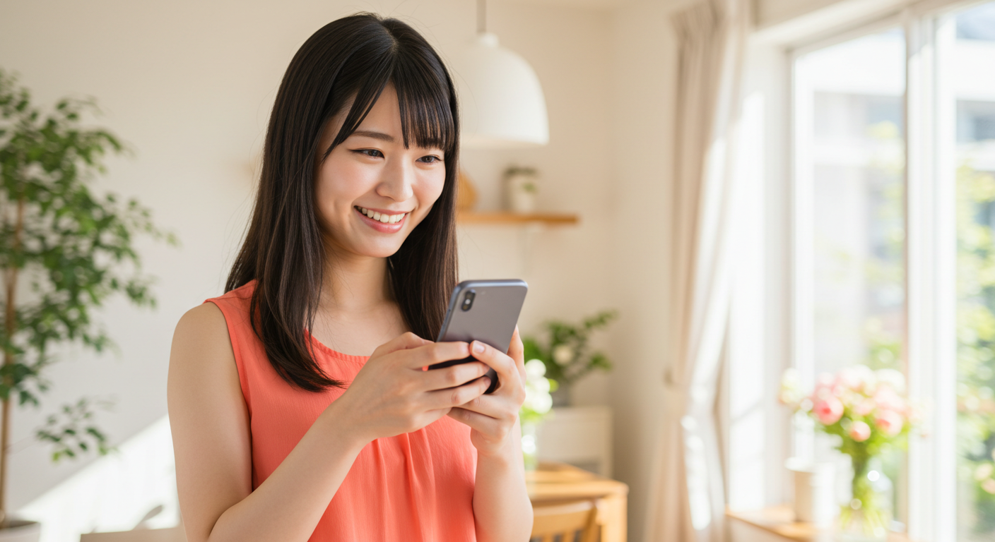 スマホを持って笑顔の女性
