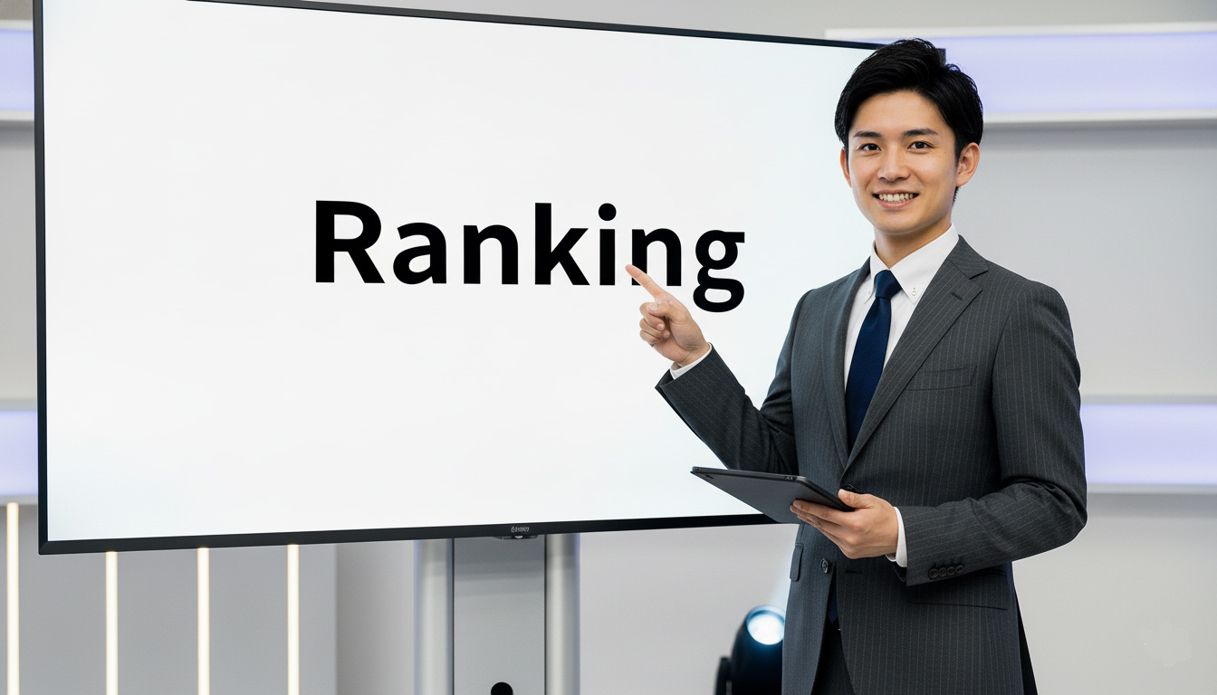 ホワイトボードを使ってランキング説明する男性