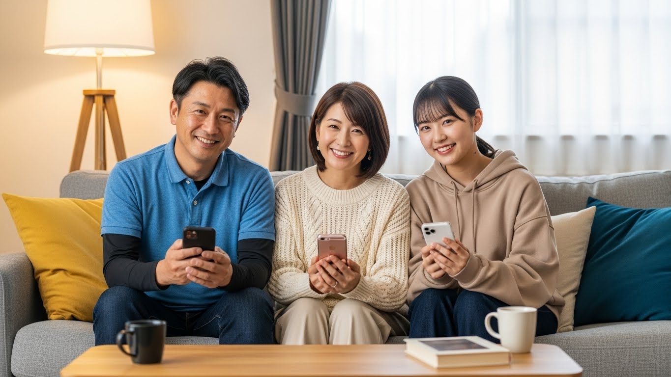 スマホを手にして微笑む3人家族