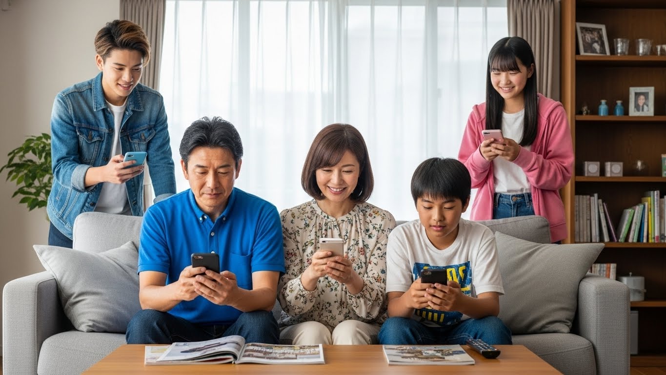 スマホを手に持つ5人家族