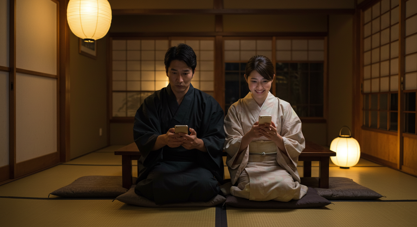 和室でスマホを持つ夫婦