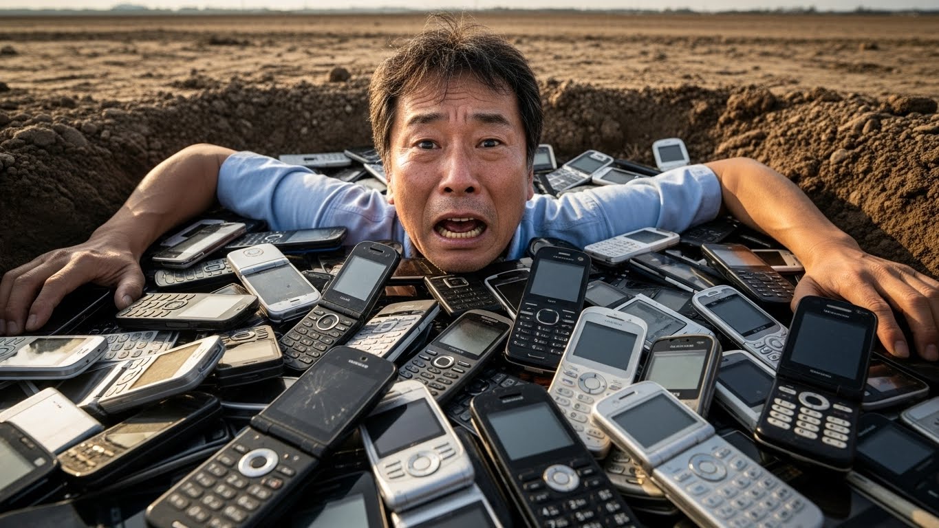 大量のガラケーの埋もれて助けを求める男性