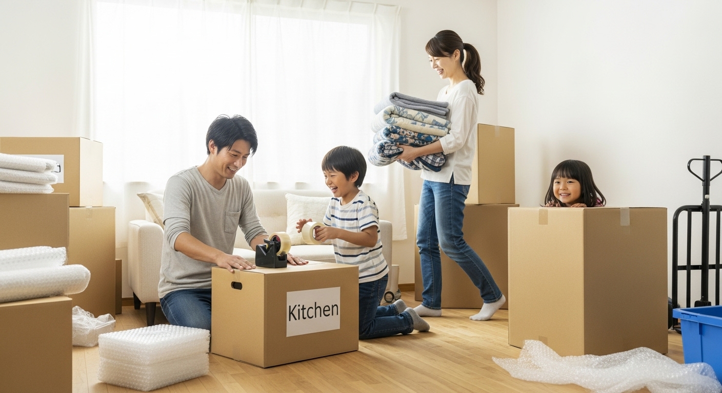 引っ越しをする家族