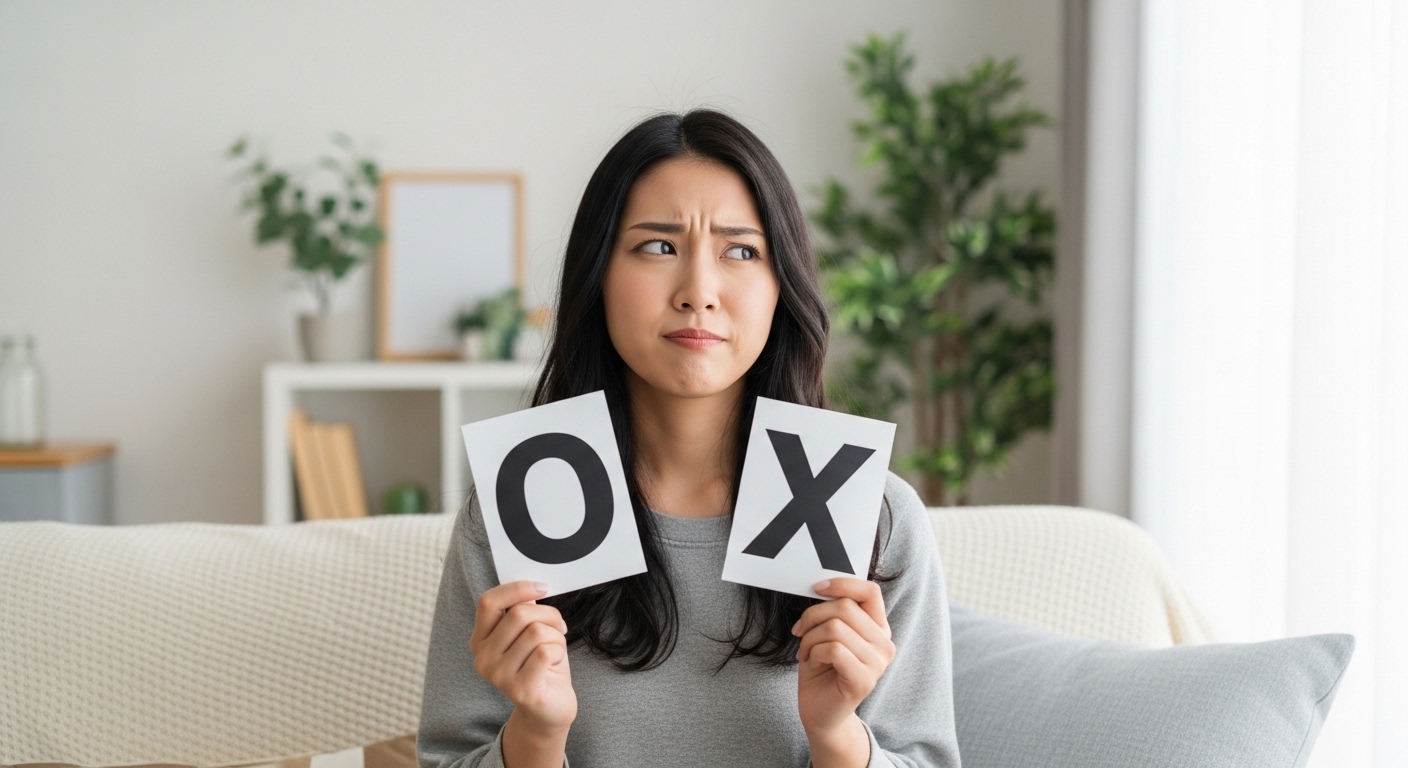 〇か×で悩む女性