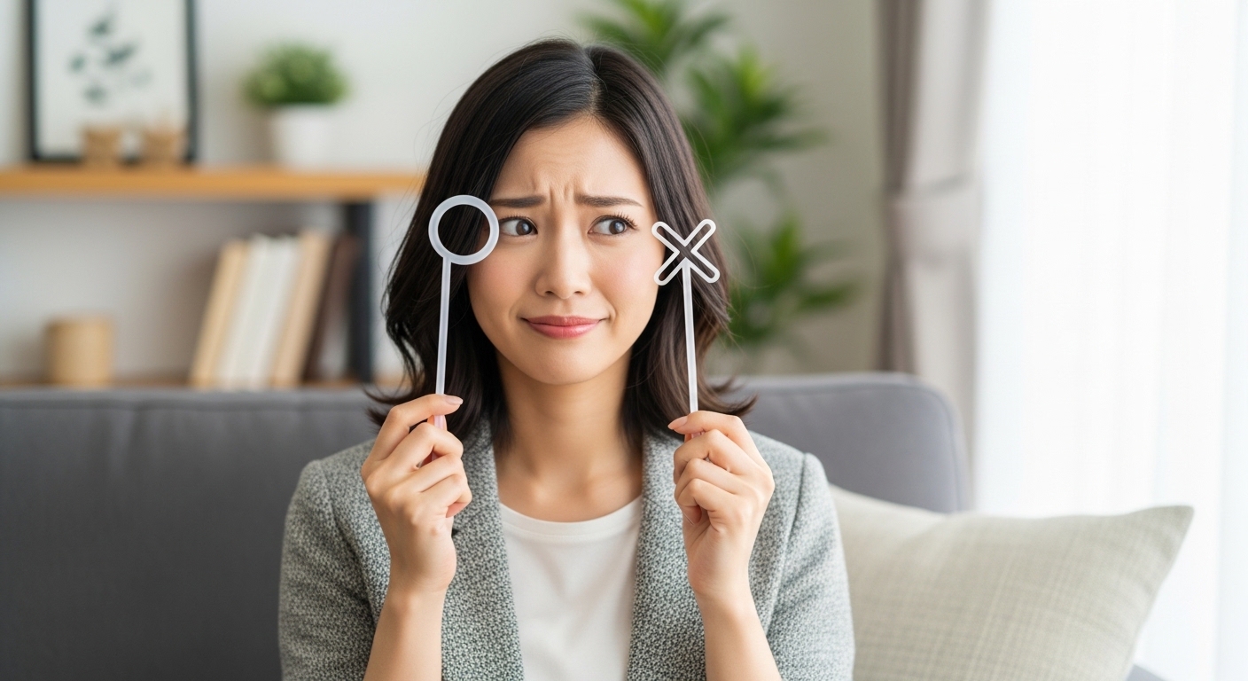 〇か×で悩む女性