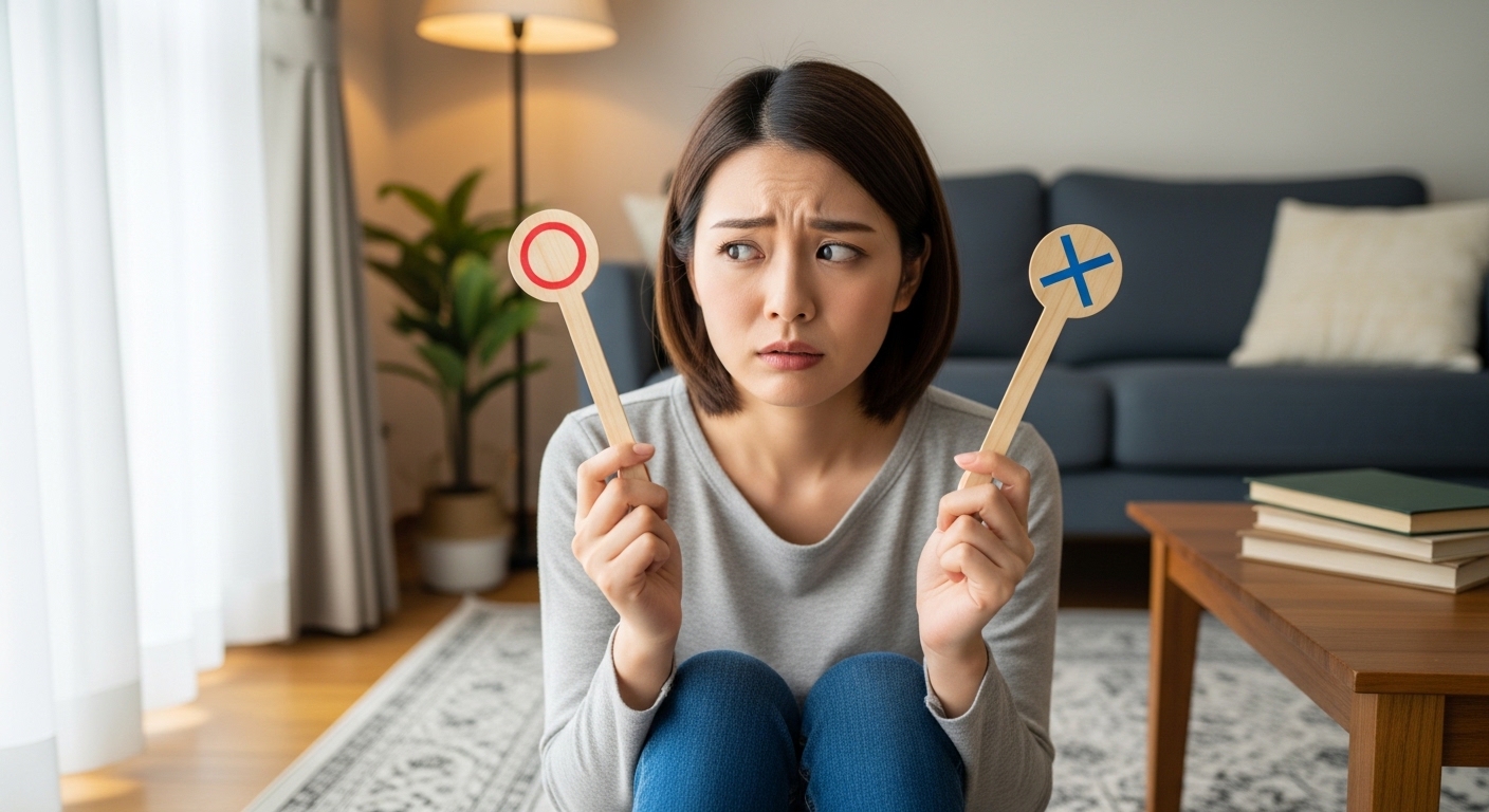 〇か×で悩む女性