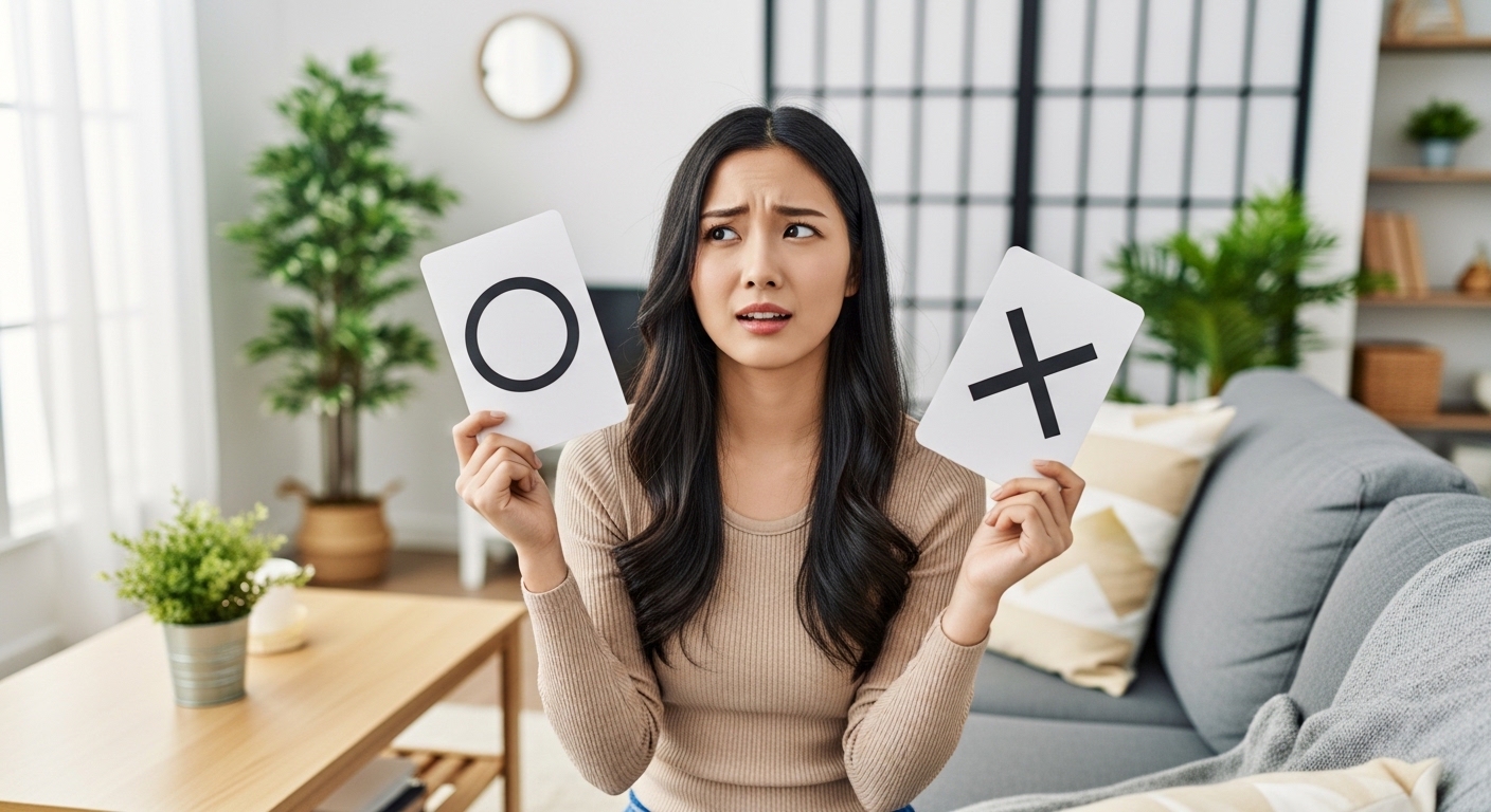 〇か×で悩む女性