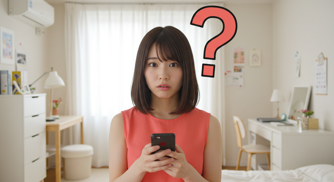 スマホを手にして疑問の湧いている女性