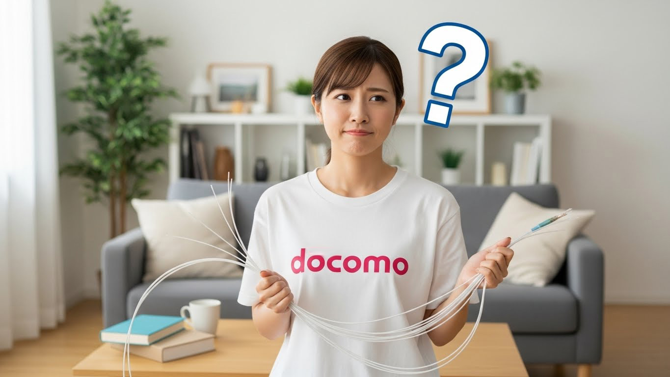 光ファイバーケーブルを手にして悩む女性