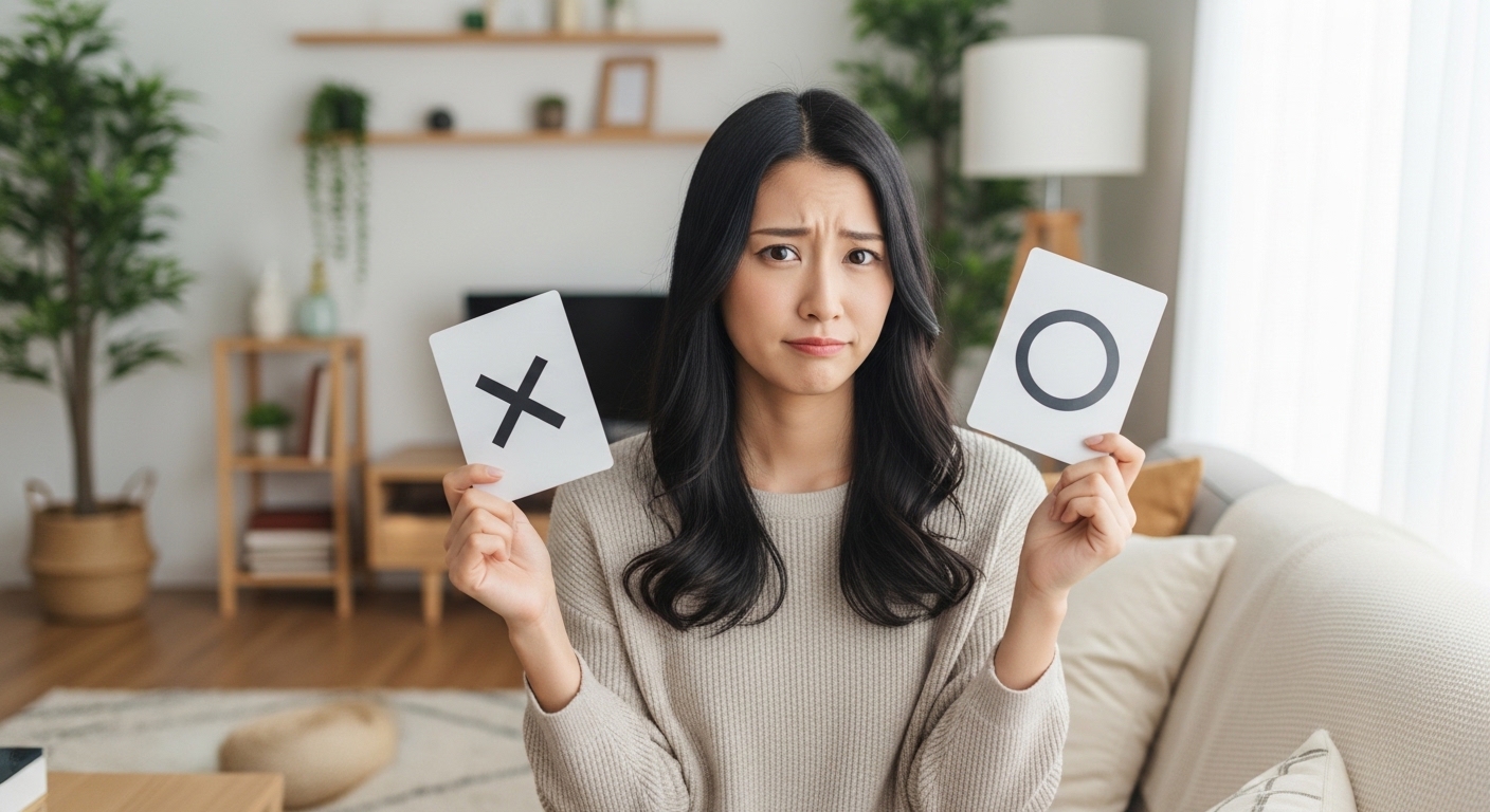 〇か×で悩む女性
