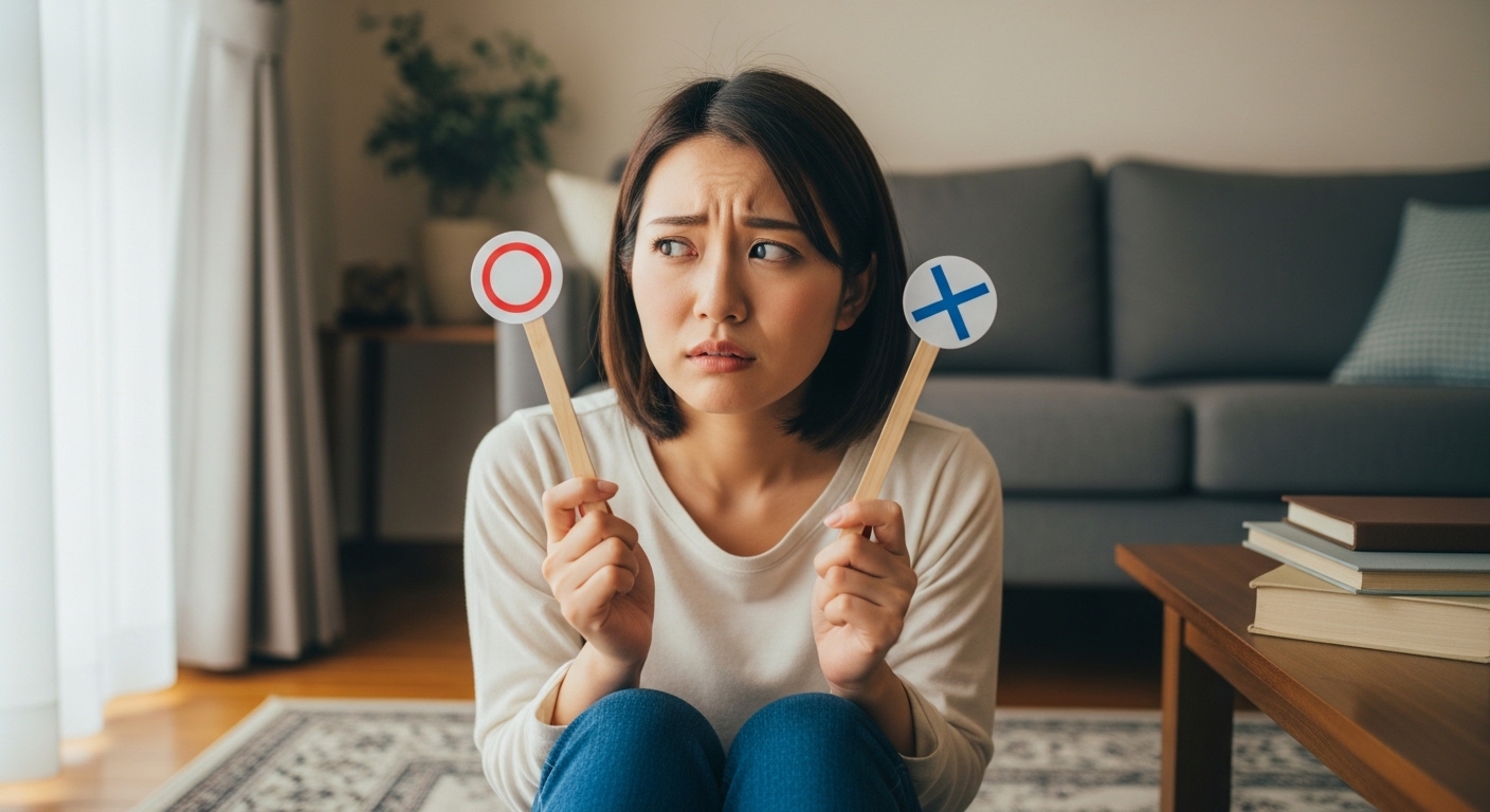 〇か×で迷う女性