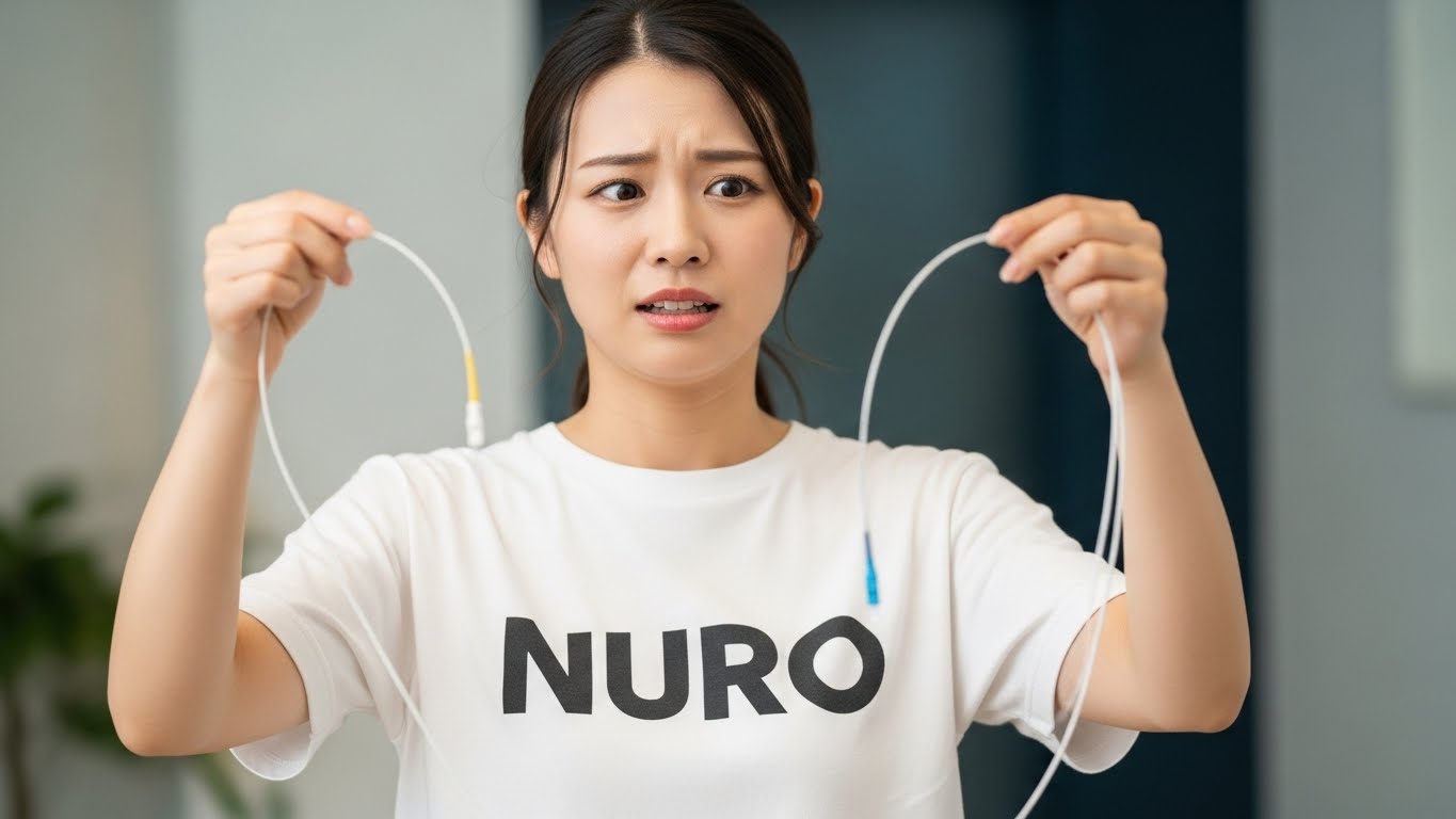 光回線ケーブルを持って疑問に感じている女性