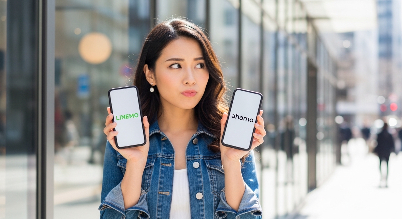 スマホを二台手にしてどちらにするか悩む女性