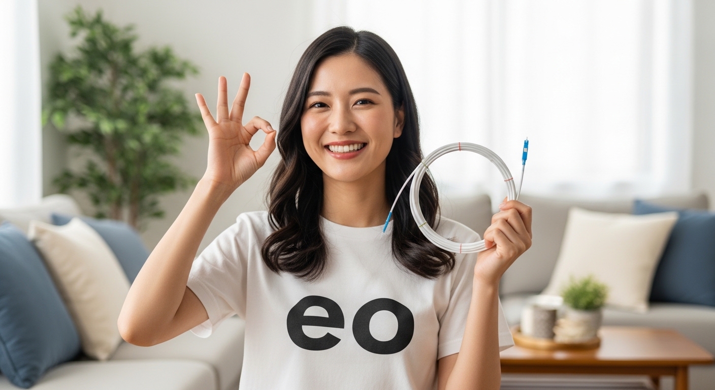 光回線ケーブルを持って喜ぶ女性